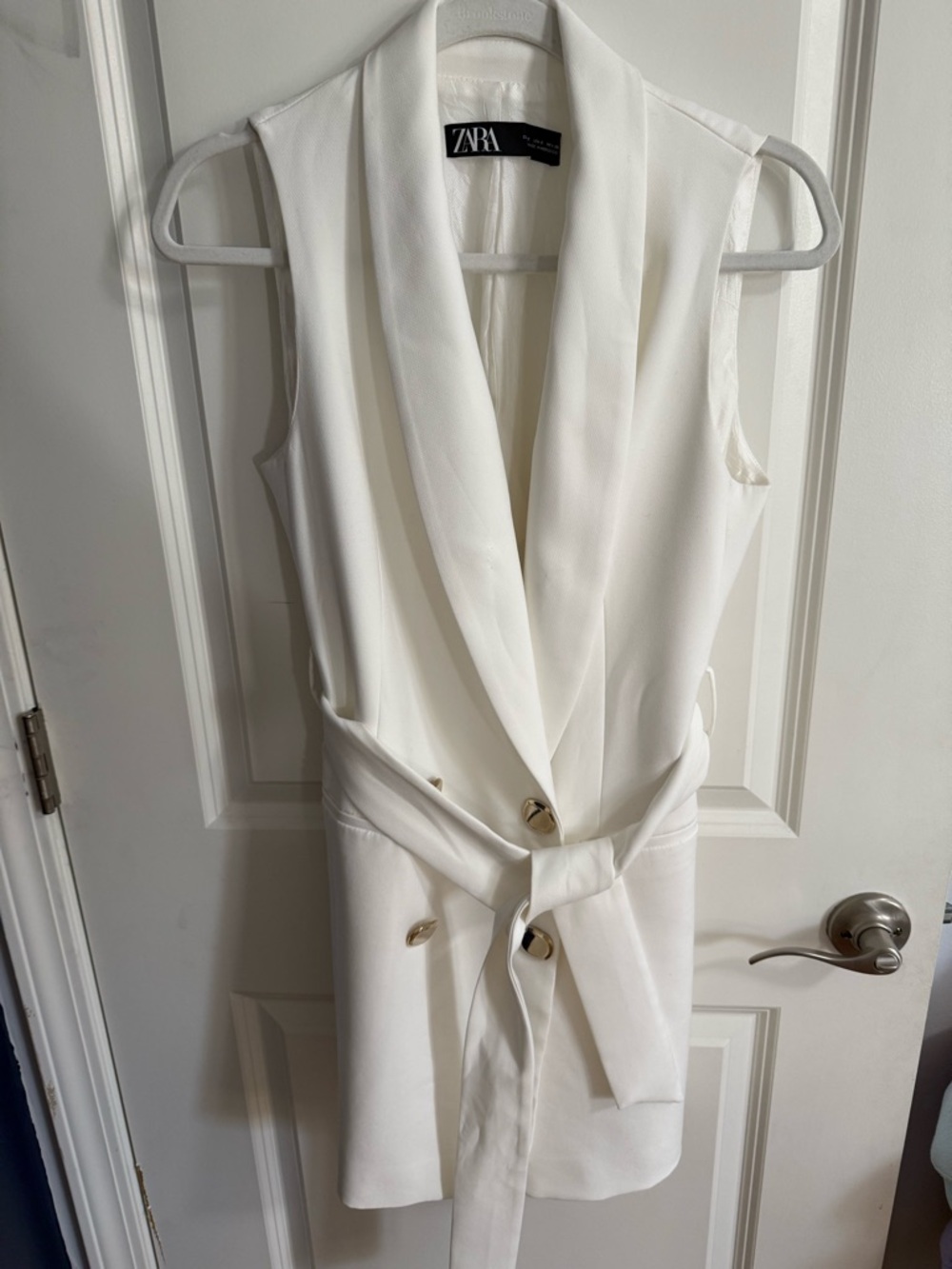 Zara White Sleeveless Belted Blazer Dress with Gold Buttons